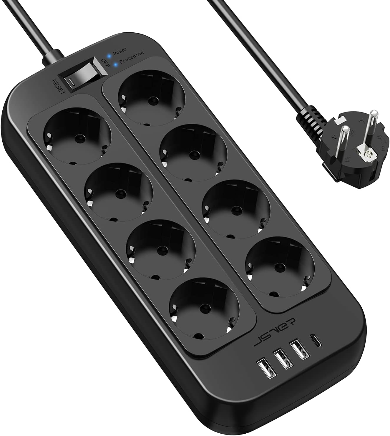 JSVER Regleta con USB y protección: 8 enchufes y carga